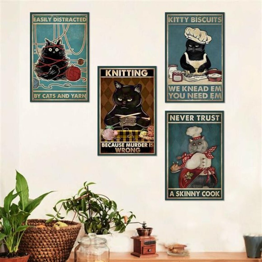 Funny Cats Posters Domestic Humor Wall Art Decor Set of 4 Print